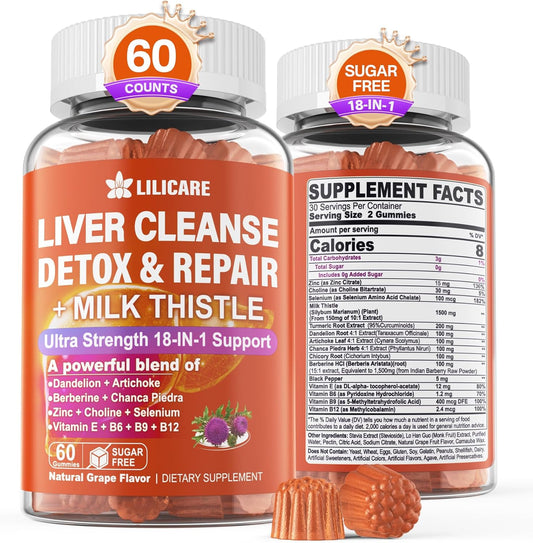 1 Pack Liver Detox Gummies with Milk Thistle & Organic Ingredients - Liver Cleanse Supplement with Vitamins B6 B9 B12 - 18-in-1 Detox & Repair Formula