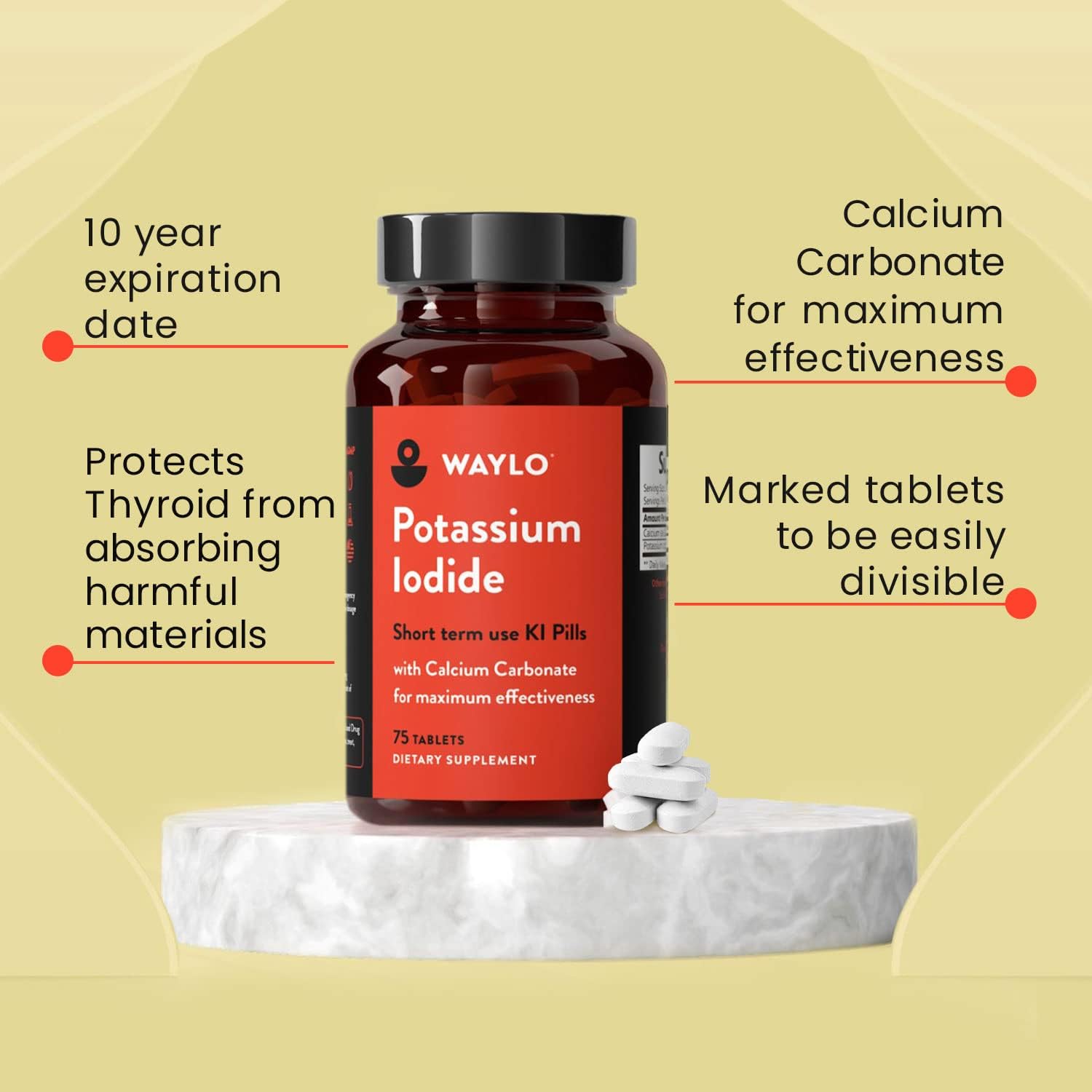 1 Pack of Waylo Potassium Iodide Tablets with Calcium Carbonate - 75 Tablets, 130 mg per Serving