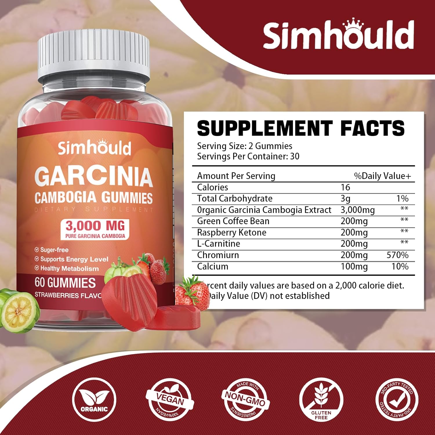 1 Pack Sugar-Free Garcinia Cambogia Gummies - 3000mg 95% HCA with L-Carnitine, Energy Boost, Strawberry Flavor - Easy to Take 60 Count Gummy Pack