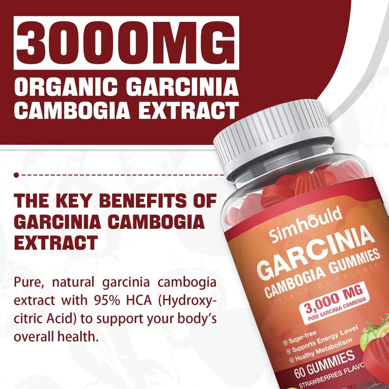1 Pack Sugar-Free Garcinia Cambogia Gummies - 3000mg 95% HCA with L-Carnitine, Energy Boost, Strawberry Flavor - Easy to Take 60 Count Gummy Pack