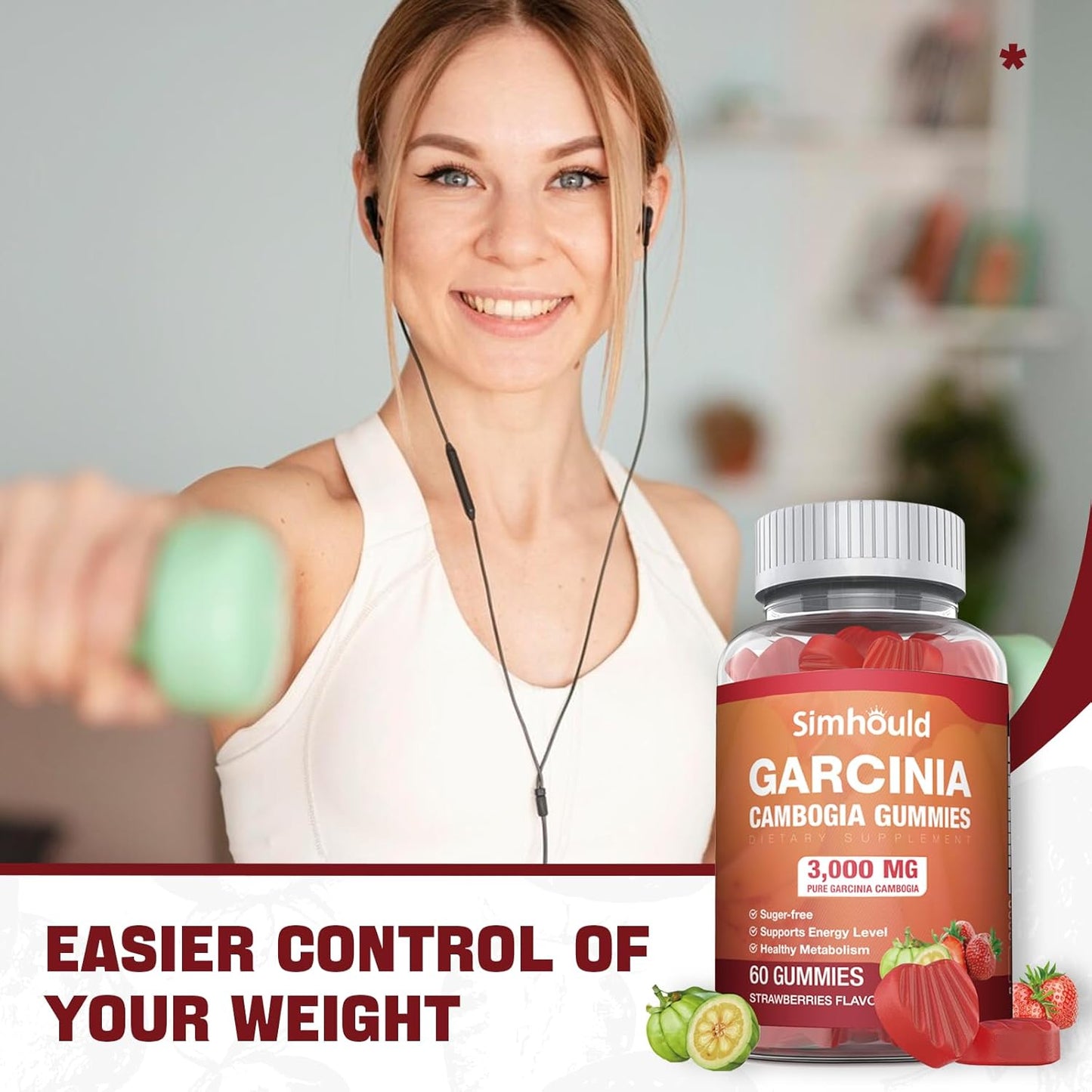 1 Pack Sugar-Free Garcinia Cambogia Gummies - 3000mg 95% HCA with L-Carnitine, Energy Boost, Strawberry Flavor - Easy to Take 60 Count Gummy Pack