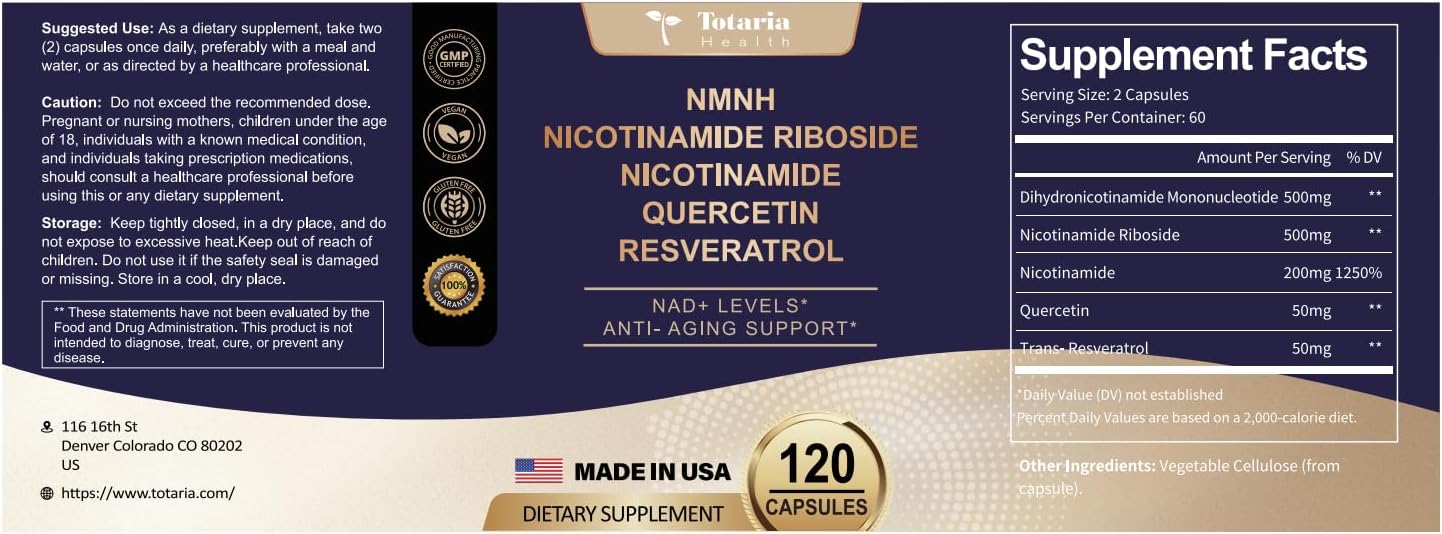 1 Pack Totaria NMNH (Dihydronicotinamide Mononucleotide) Supplement with Niacinamide (Vitamin B3) and Trans-Resveratrol for Anti Aging, Energy, and Focus