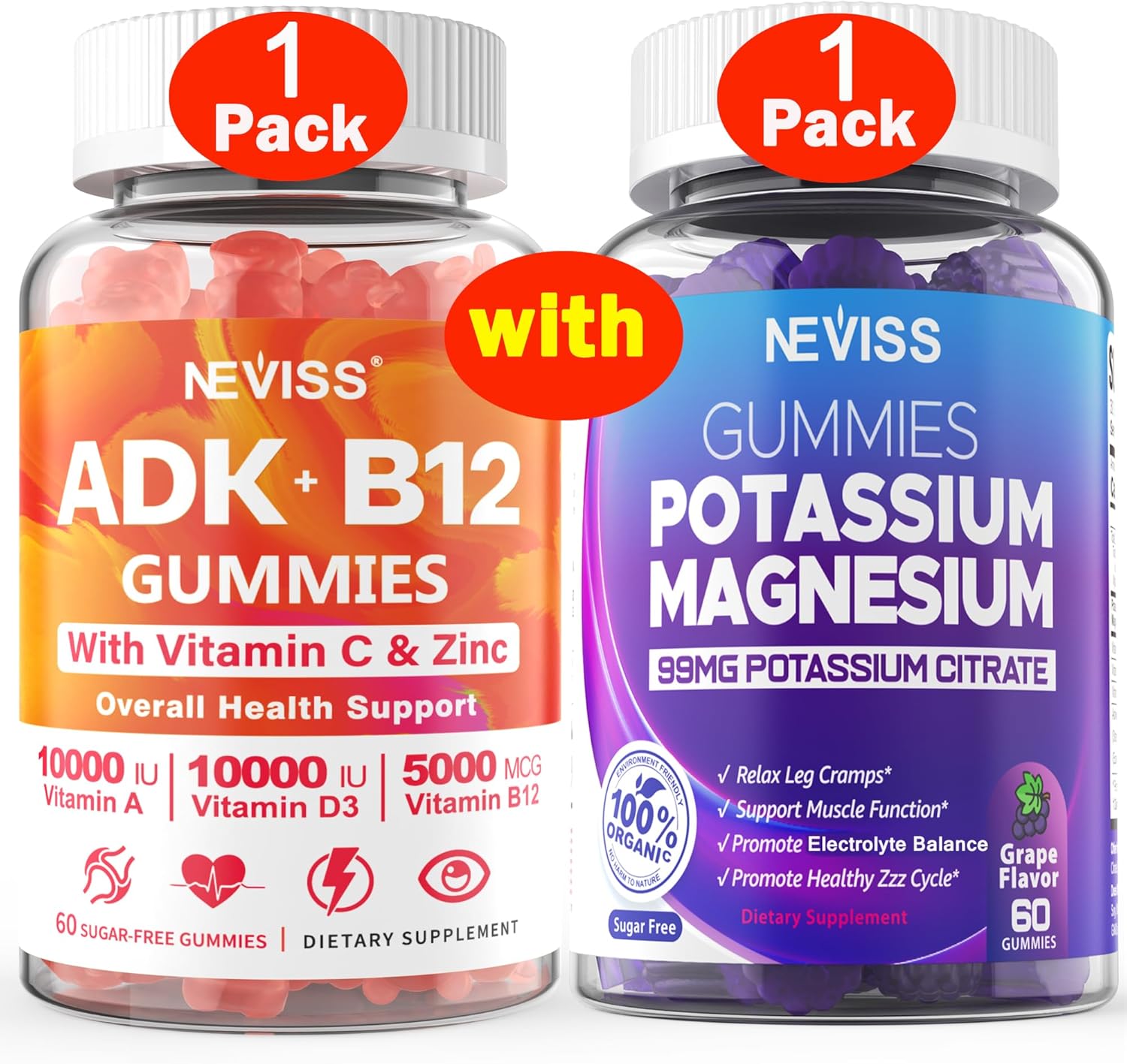 1 Pack Vitamin ADK with B12 and 1 Pack Potassium Magnesium Gummies for Daily Health Support