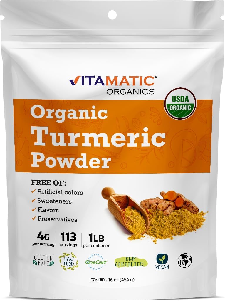 1 Pound (16 Ounce) of Vitamatic Certified USDA Organic Turmeric Powder - High Quality Spice for Cooking and Health Benefits