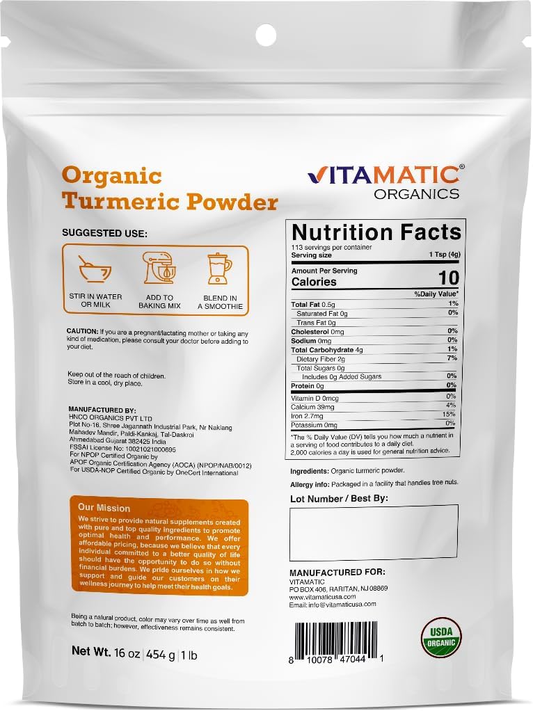 1 Pound (16 Ounce) of Vitamatic Certified USDA Organic Turmeric Powder - High Quality Spice for Cooking and Health Benefits