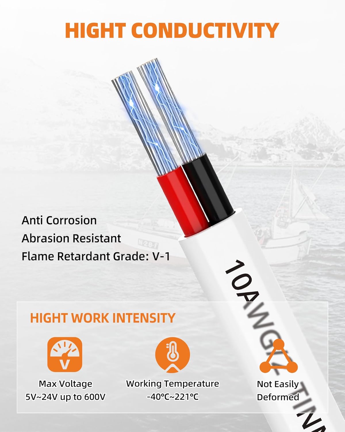 10 AWG Marine Grade Wire, IP68 Waterproof 10/2 Duplex Wire, Oxygen-Free Tinned Copper Stranded Cord for Boat/Automotive/RV/Solar/LED - 100FT