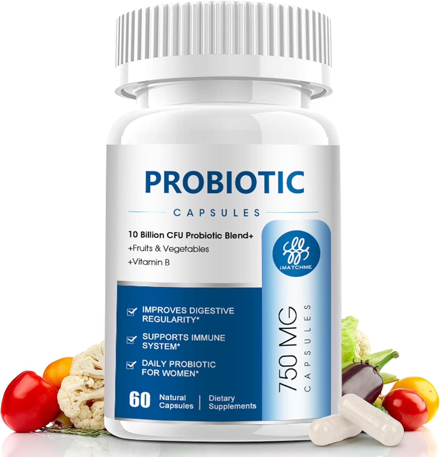 10 Billion Probiotics CFU Supplement with Prebiotic, Vitamin B, Vegetables, Digestive Enzymes - 60 Capsules for Digestive, Bloating, Vaginal, Immune Health