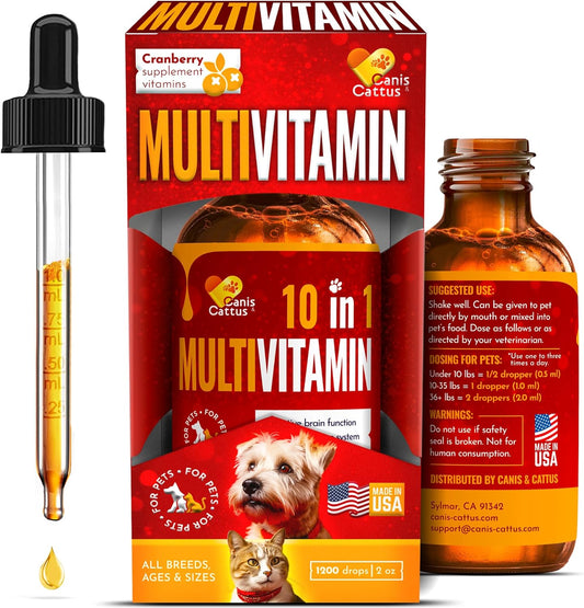 10-in-1 Canis&Cattus Liquid Multivitamin for Dogs and Cats with Glucosamine, Cranberry, HIPS & Joints, Skin & Coat Support | Allergy Relief, Coughs, UTIs | 2 oz