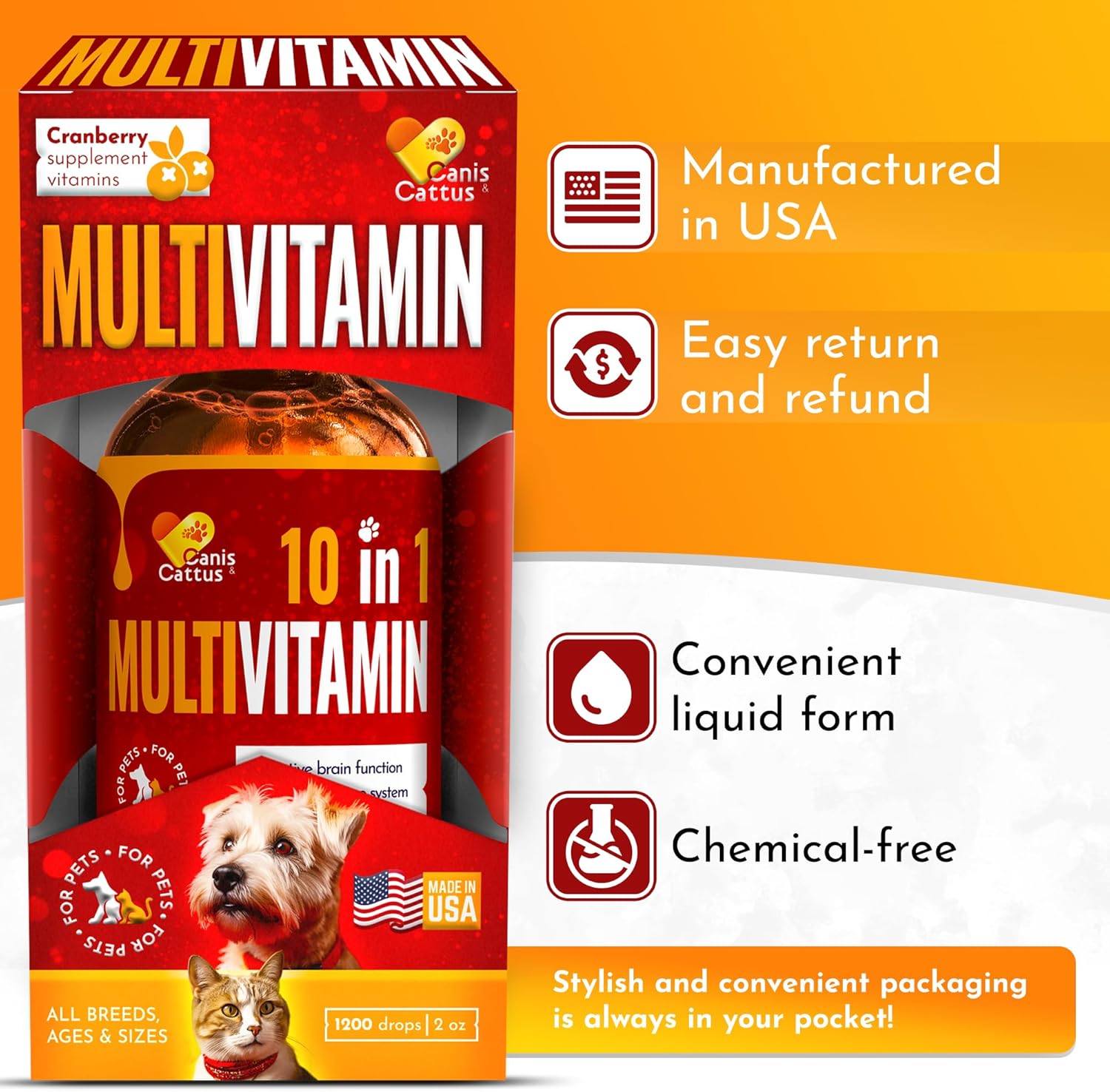 10-in-1 Canis&Cattus Liquid Multivitamin for Dogs and Cats with Glucosamine, Cranberry, HIPS & Joints, Skin & Coat Support | Allergy Relief, Coughs, UTIs | 2 oz