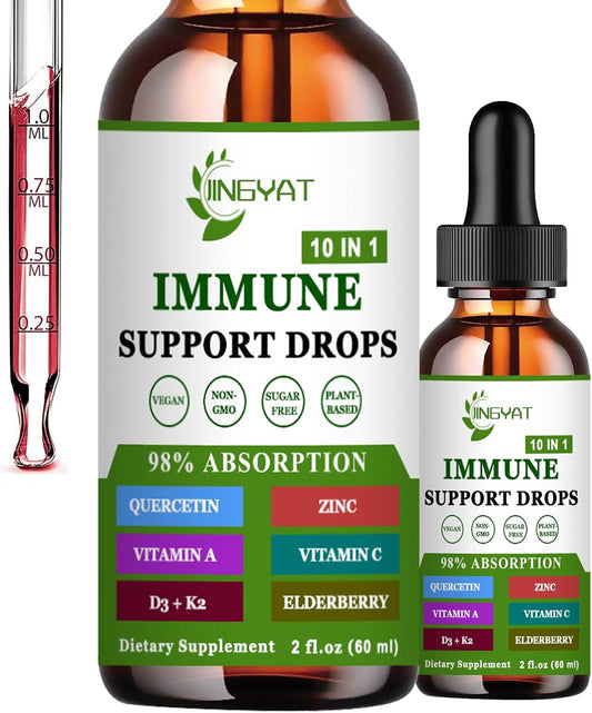 10-in-1 Immune Defense Drops with Vitamin C, D3, Zinc, Quercetin, Bromelain, Echinacea, Chlorophyll, Elderberry, Vitamin A, and K2 for Immunity Support