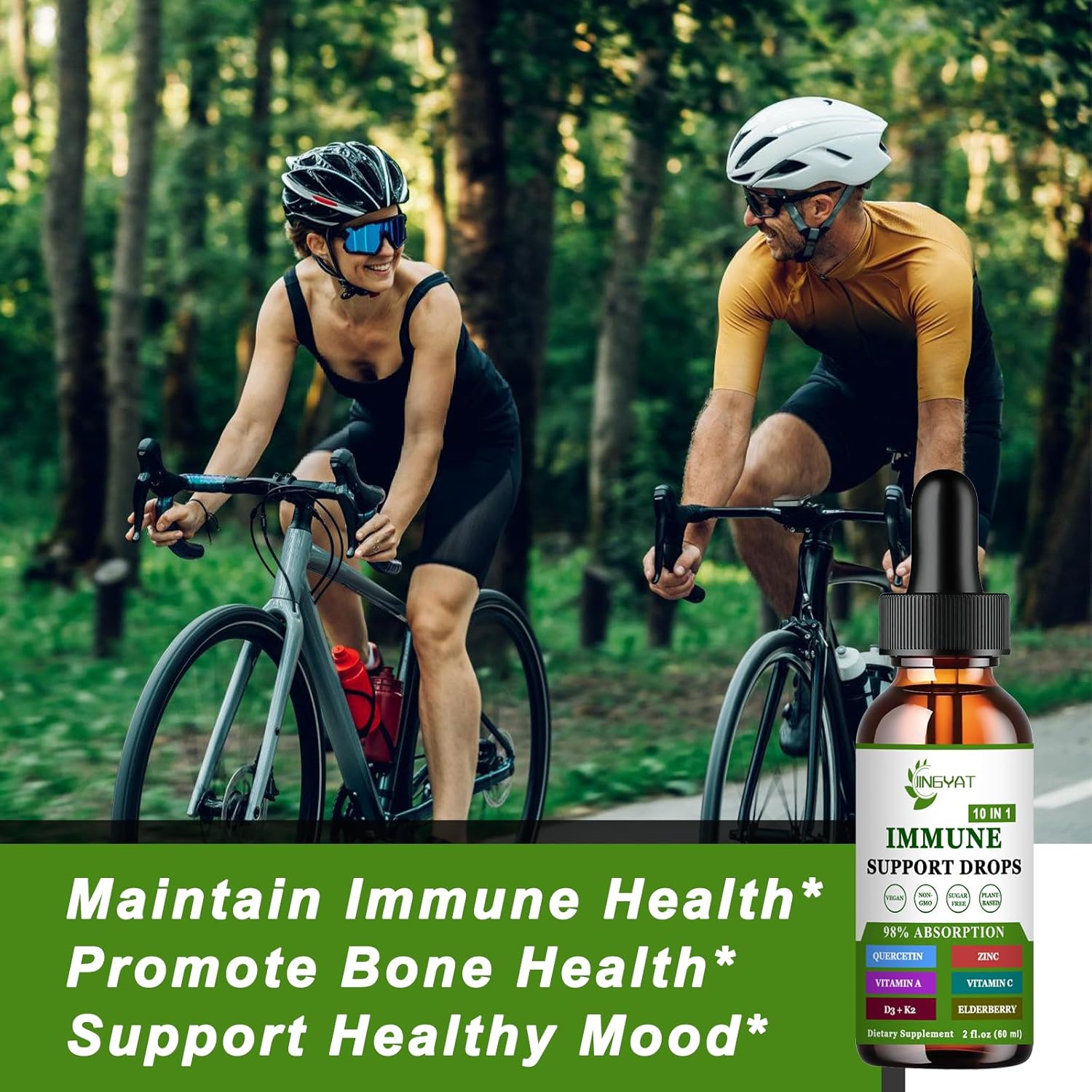 10-in-1 Immune Defense Drops with Vitamin C, D3, Zinc, Quercetin, Bromelain, Echinacea, Chlorophyll, Elderberry, Vitamin A, and K2 for Immunity Support