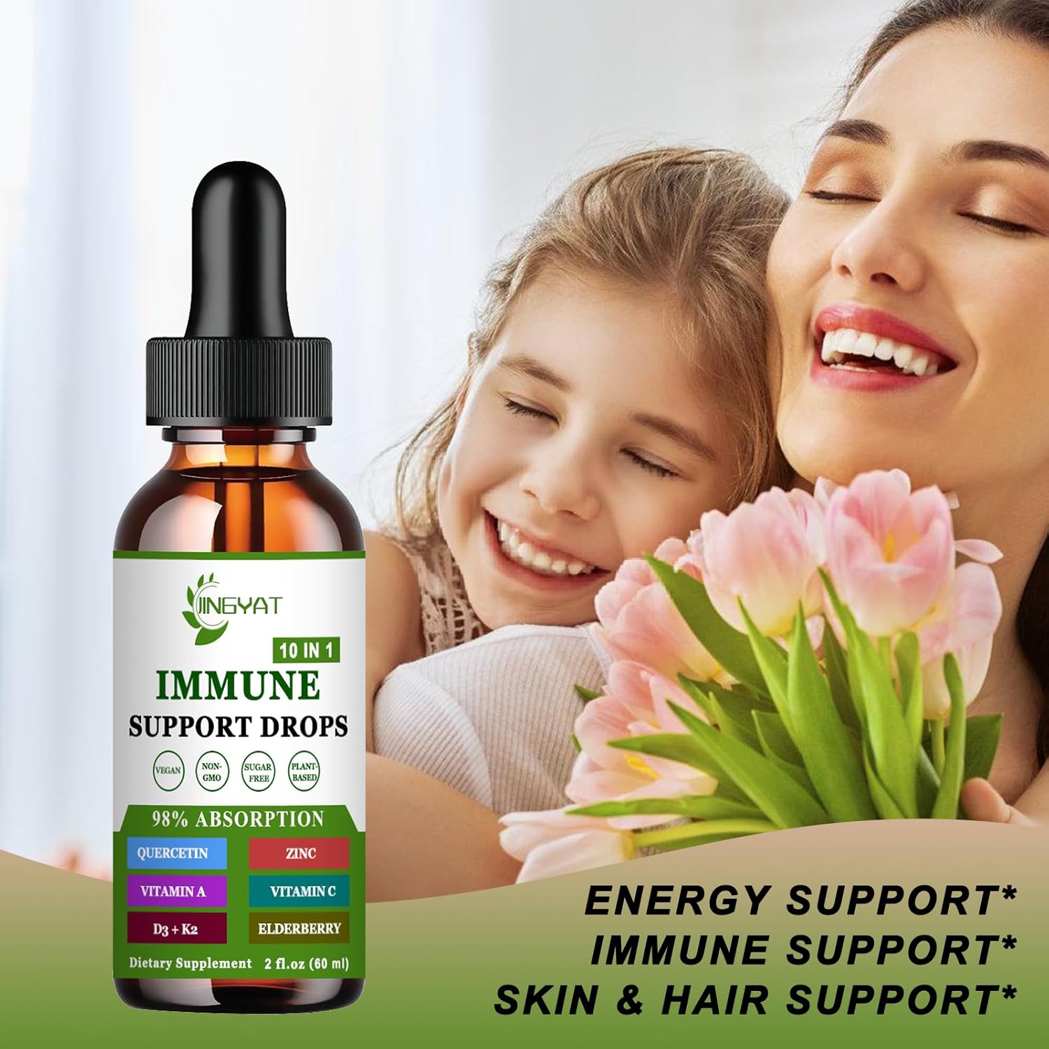 10-in-1 Immune Defense Drops with Vitamin C, D3, Zinc, Quercetin, Bromelain, Echinacea, Chlorophyll, Elderberry, Vitamin A, and K2 for Immunity Support