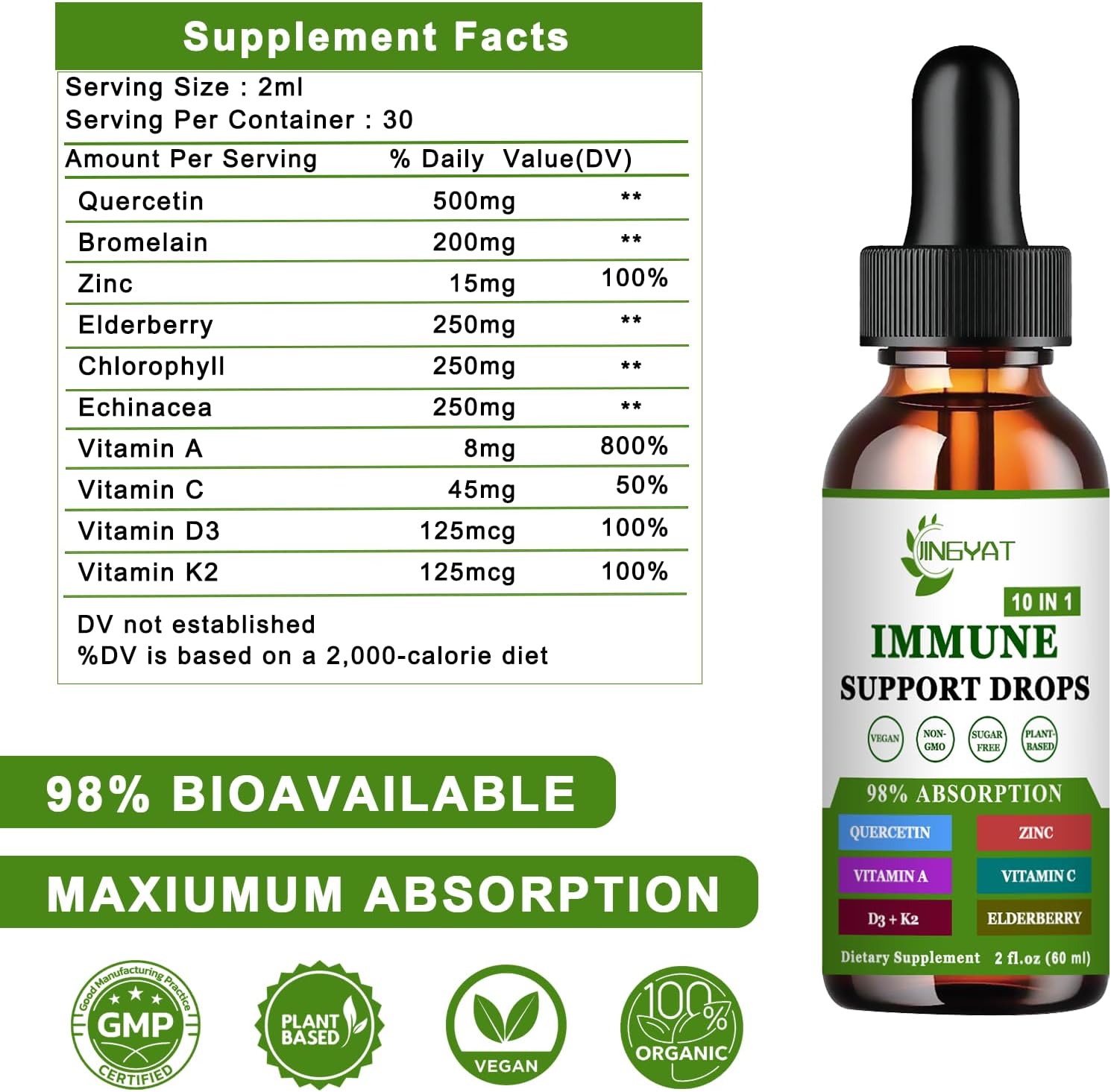 10-in-1 Immune Defense Drops with Vitamin C, D3, Zinc, Quercetin, Bromelain, Echinacea, Chlorophyll, Elderberry, Vitamin A, and K2 for Immunity Support