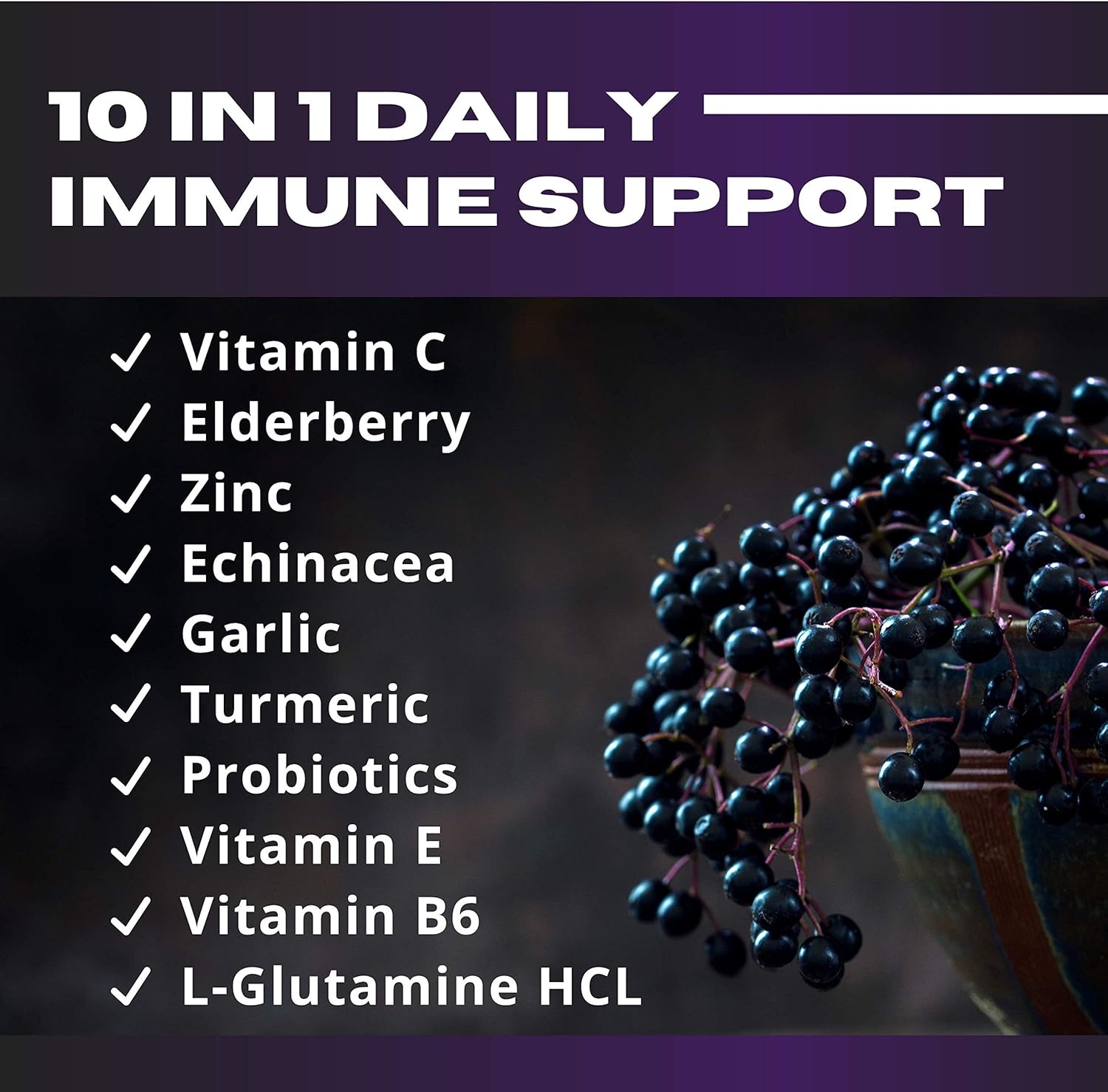 10-in-1 Immune Defense Supplement with Elderberry, Vitamin C, Zinc, and Probiotics - 30 Day Supply