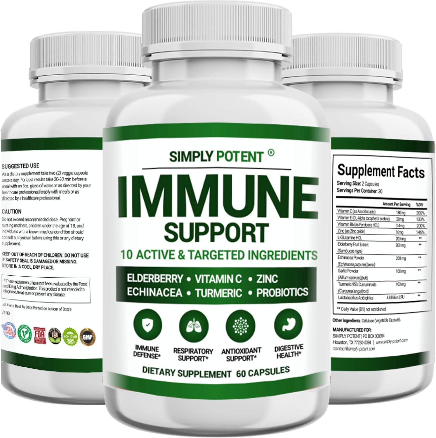 10 in 1 Immune Support Supplement with Elderberry, Vitamin C, Zinc, Echinacea, Turmeric, Probiotics & Antioxidants - 60 Pills for Defense, Respiratory & Digestive Health