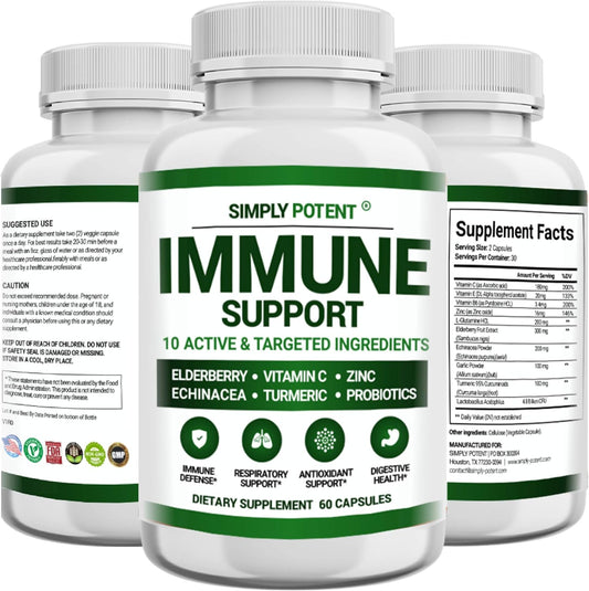 10 in 1 Immune Support Supplement with Elderberry, Vitamin C, Zinc, Echinacea, Turmeric, Probiotics & Antioxidants - 60 Pills for Defense, Respiratory & Digestive Health