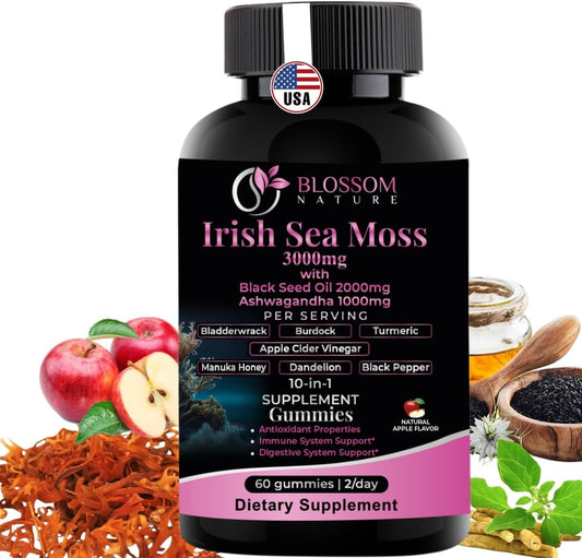 10-in-1 Irish Sea Moss Gummies 3000mg with Black Seed Oil and Ashwagandha - Immune and Digestive Support - Made in USA
