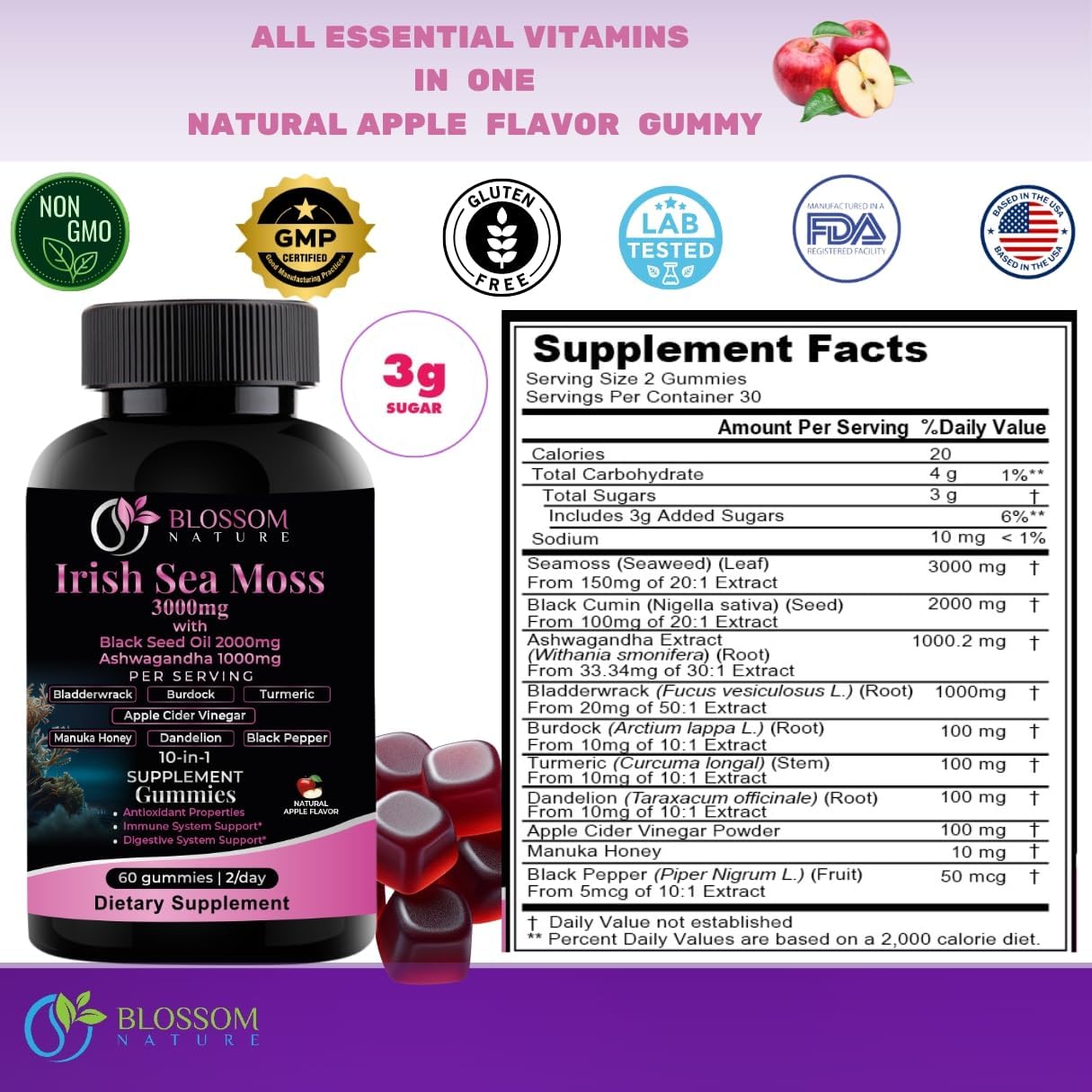 10-in-1 Irish Sea Moss Gummies 3000mg with Black Seed Oil and Ashwagandha - Immune and Digestive Support - Made in USA