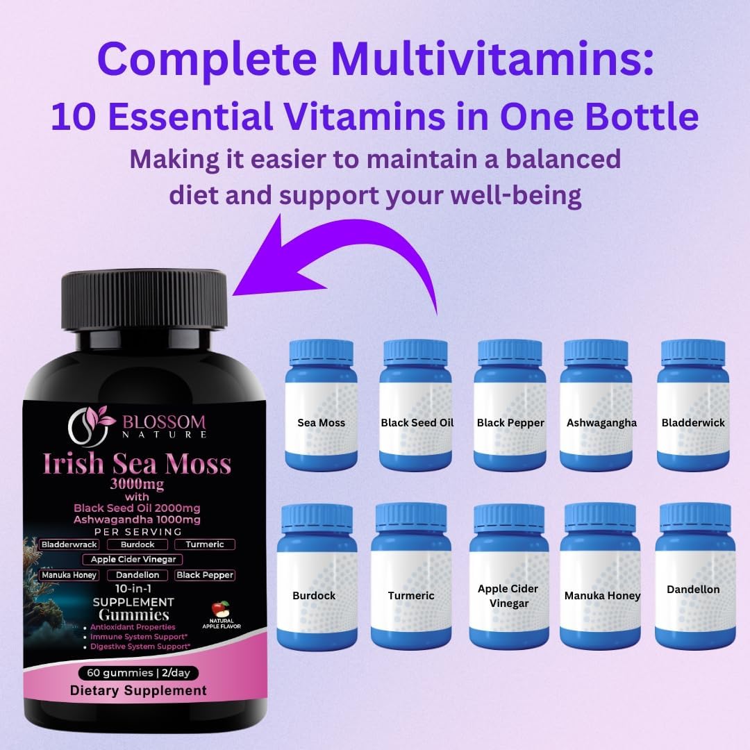 10-in-1 Irish Sea Moss Gummies 3000mg with Black Seed Oil and Ashwagandha - Immune and Digestive Support - Made in USA