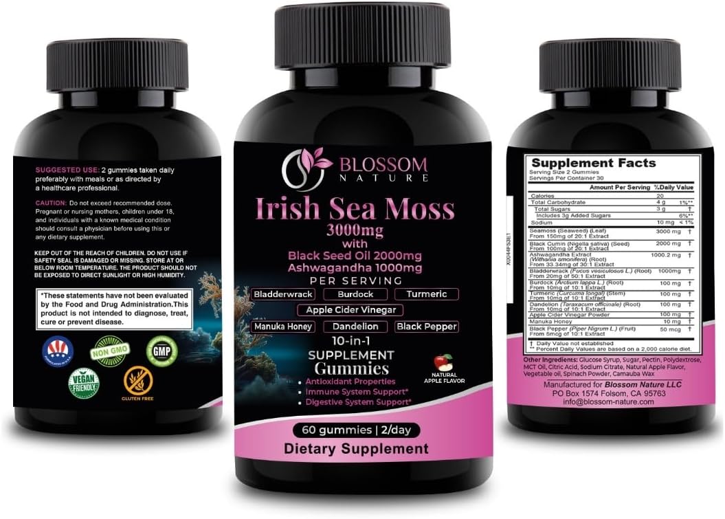 10-in-1 Irish Sea Moss Gummies 3000mg with Black Seed Oil and Ashwagandha - Immune and Digestive Support - Made in USA
