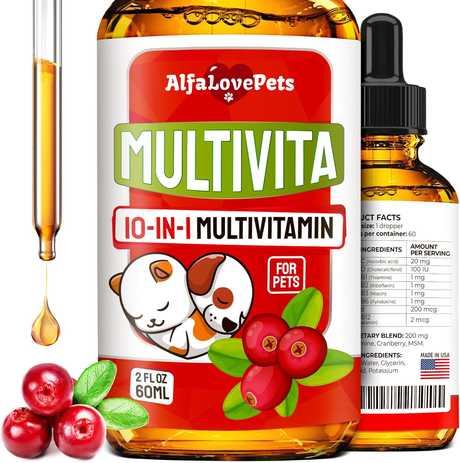 10-in-1 Liquid Multivitamin for Dogs and Cats - Alfa Love Pets - B Complex, C, D3 - Digestion, Urination, Hip & Joint, Skin & Coat - Cranberry Flavor - 2 Oz