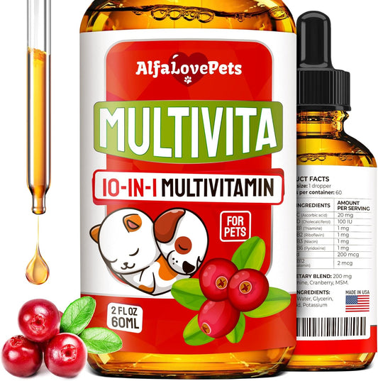 10-in-1 Liquid Multivitamin for Dogs and Cats - Alfa Love Pets - B Complex, C, D3 - Digestion, Urination, Hip & Joint, Skin & Coat - Cranberry Flavor - 2 Oz