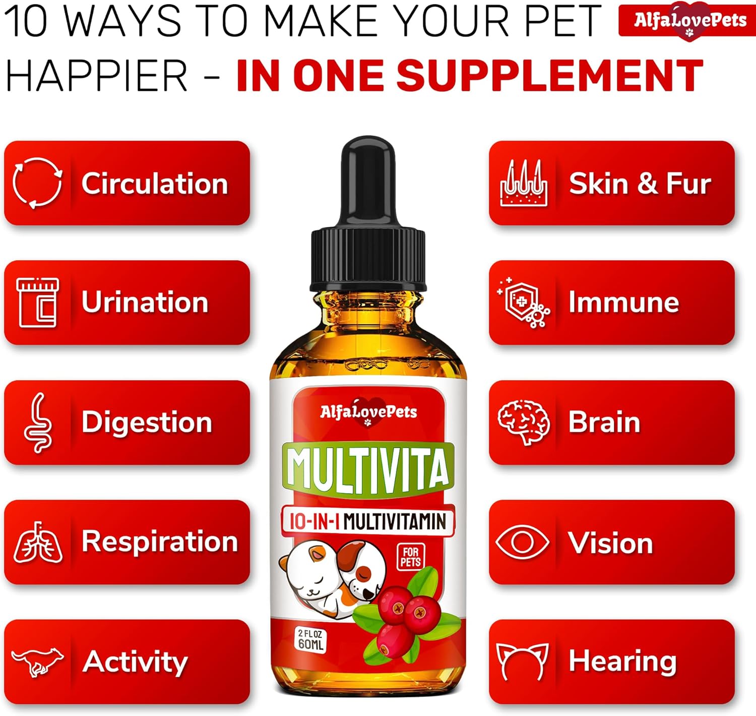 10-in-1 Liquid Multivitamin for Dogs and Cats - Alfa Love Pets - B Complex, C, D3 - Digestion, Urination, Hip & Joint, Skin & Coat - Cranberry Flavor - 2 Oz