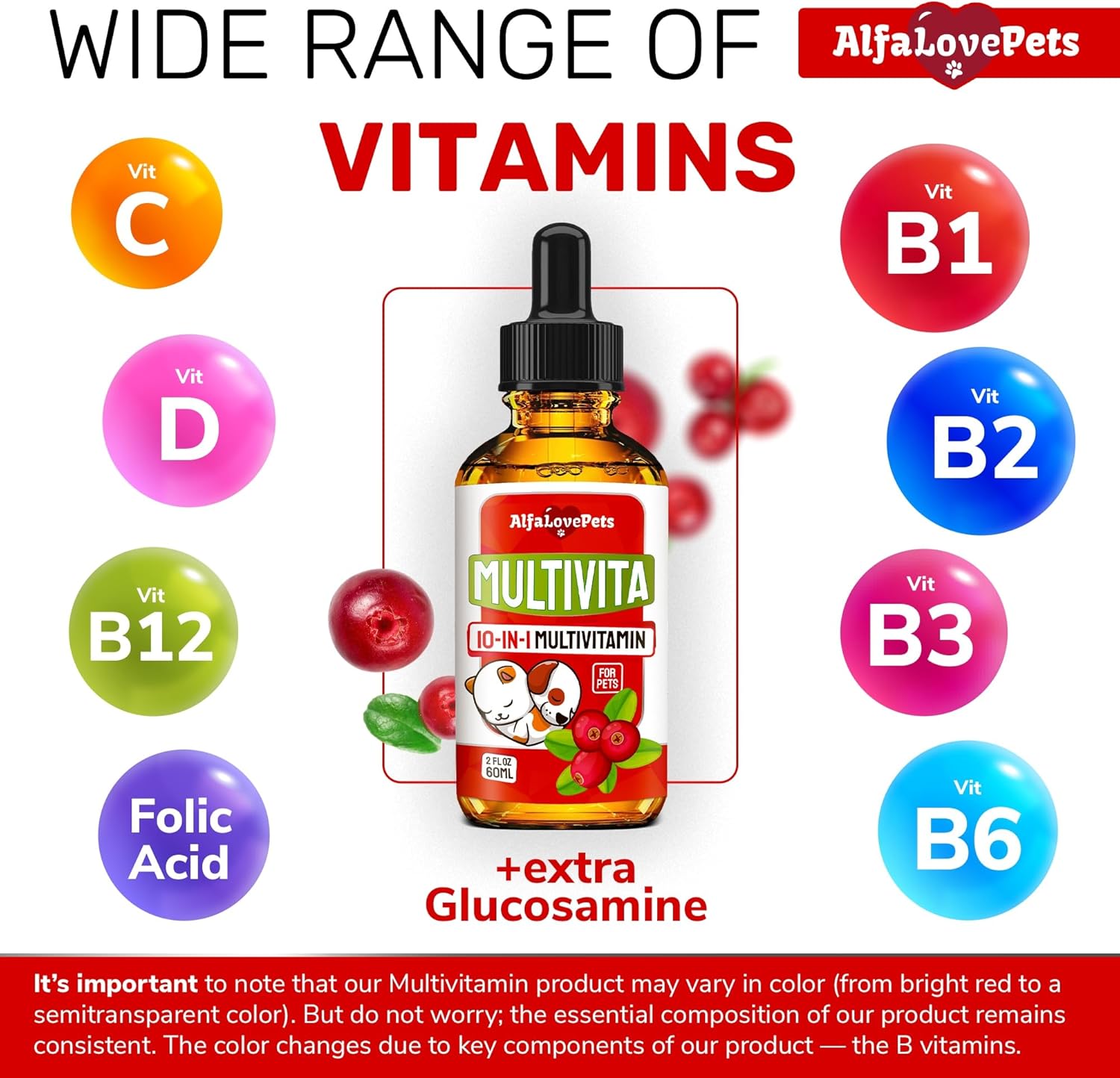 10-in-1 Liquid Multivitamin for Dogs and Cats - Alfa Love Pets - B Complex, C, D3 - Digestion, Urination, Hip & Joint, Skin & Coat - Cranberry Flavor - 2 Oz