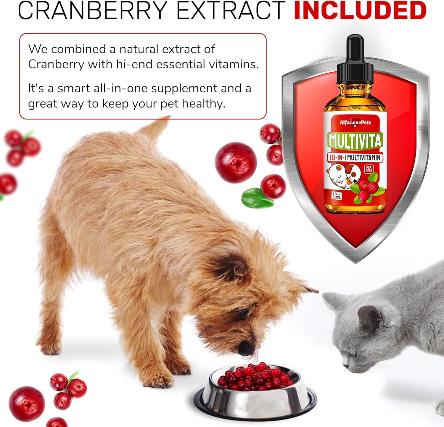 10-in-1 Liquid Multivitamin for Dogs and Cats - Alfa Love Pets - B Complex, C, D3 - Digestion, Urination, Hip & Joint, Skin & Coat - Cranberry Flavor - 2 Oz