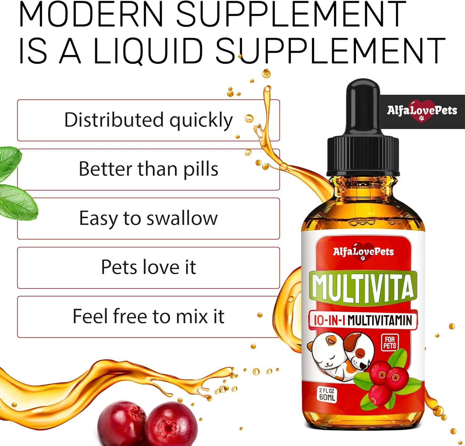 10-in-1 Liquid Multivitamin for Dogs and Cats - Alfa Love Pets - B Complex, C, D3 - Digestion, Urination, Hip & Joint, Skin & Coat - Cranberry Flavor - 2 Oz