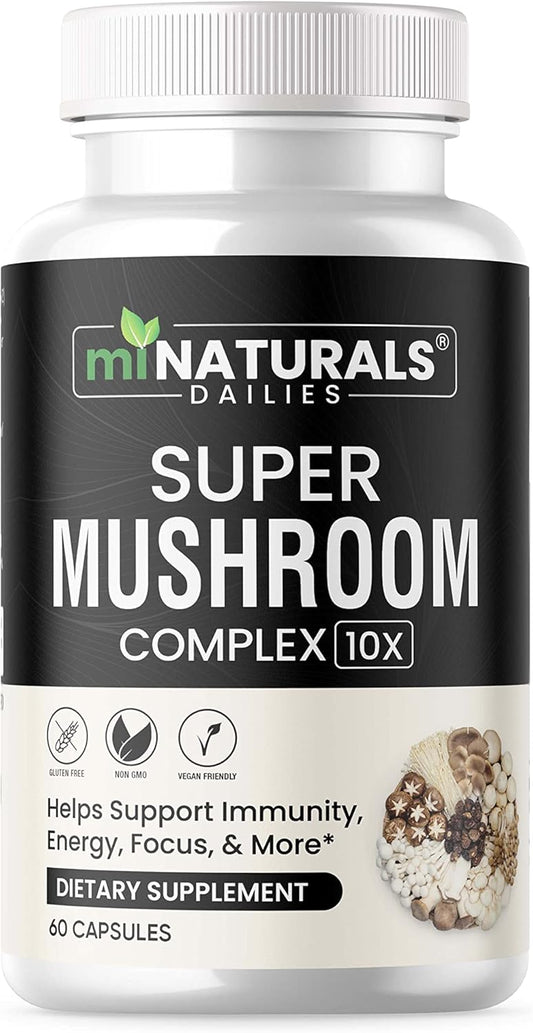 10-in-1 Mushroom Complex Capsule with Real Fruiting Body - Lion's Mane, Reishi, Cordyceps, Chaga, Turkey Tail, Maitake Supplement