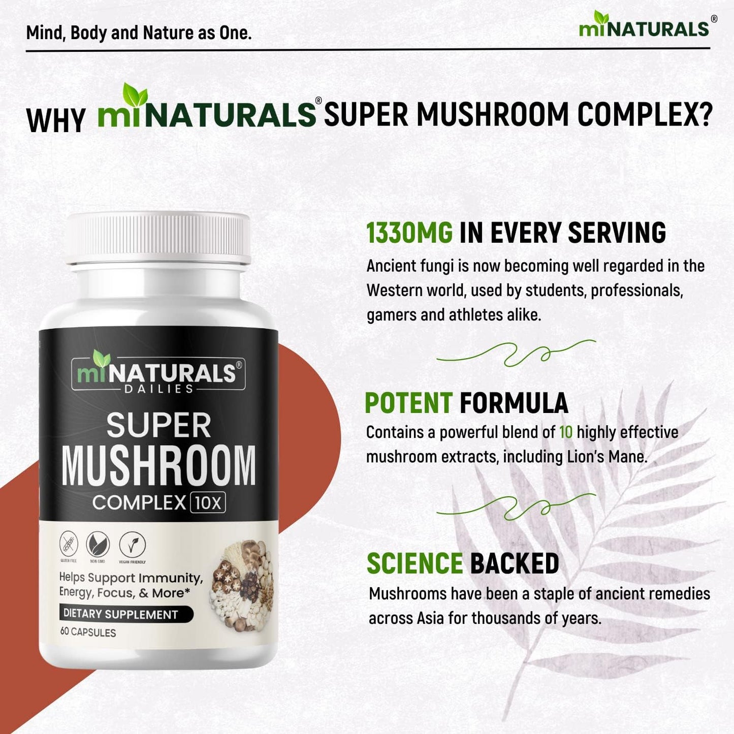 10-in-1 Mushroom Complex Capsule with Real Fruiting Body - Lion's Mane, Reishi, Cordyceps, Chaga, Turkey Tail, Maitake Supplement