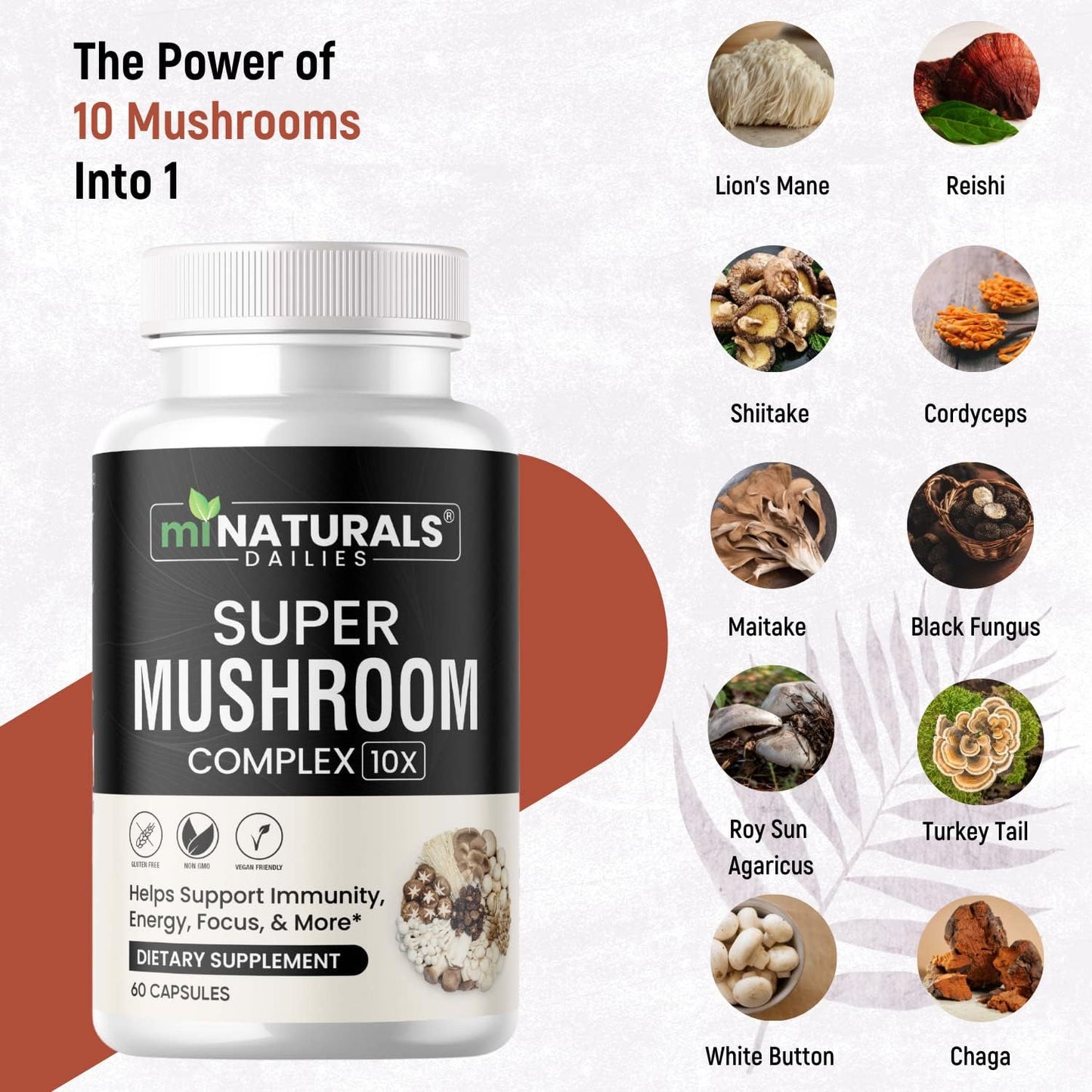 10-in-1 Mushroom Complex Capsule with Real Fruiting Body - Lion's Mane, Reishi, Cordyceps, Chaga, Turkey Tail, Maitake Supplement