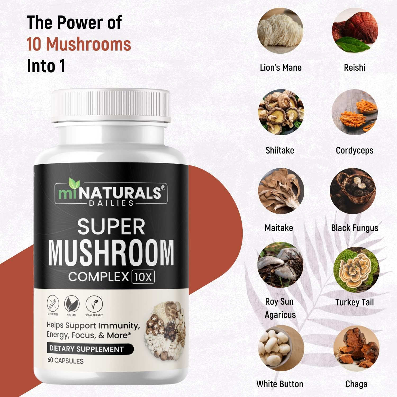 10-in-1 Mushroom Complex Capsule with Real Fruiting Body - Lion's Mane, Reishi, Cordyceps, Chaga, Turkey Tail, Maitake Supplement