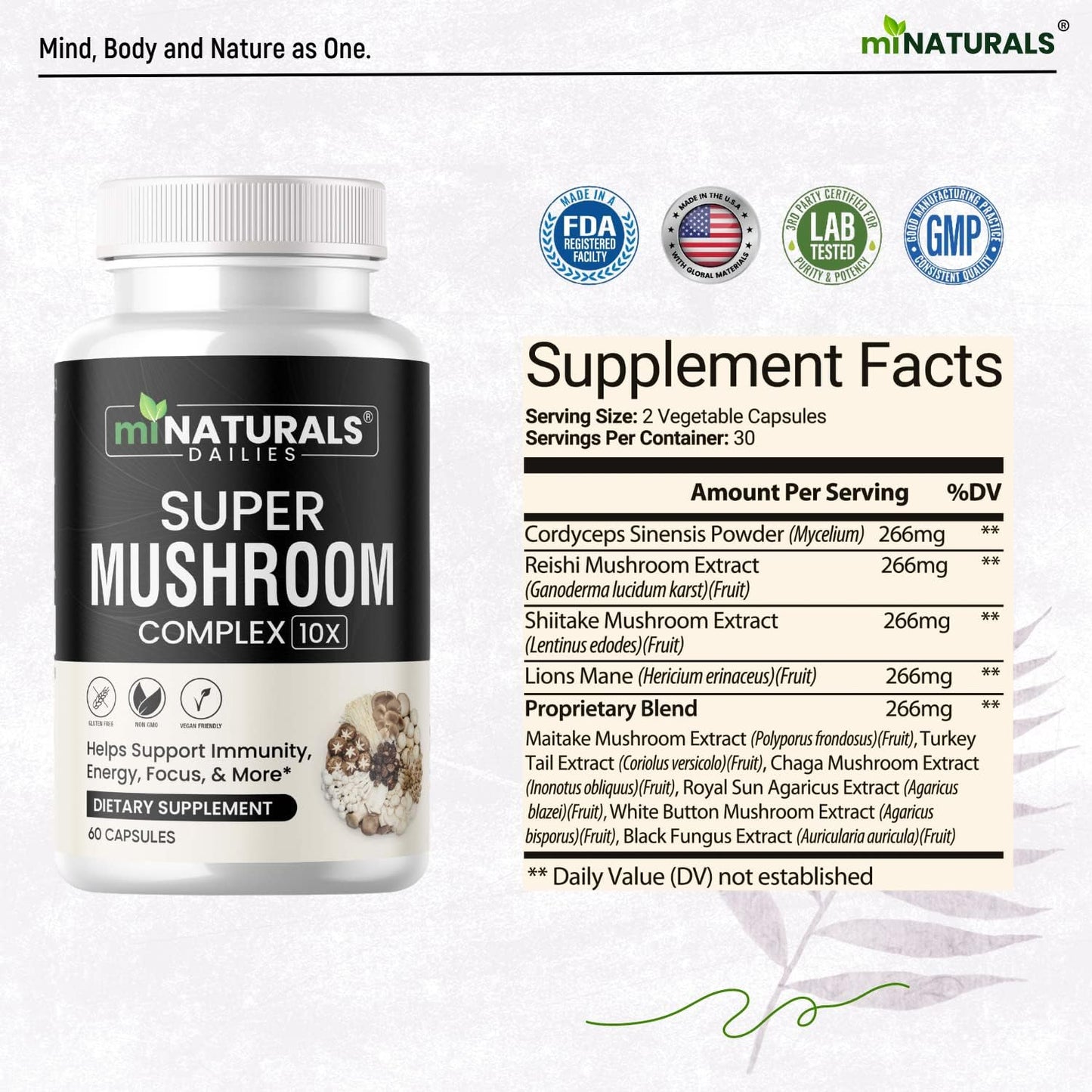 10-in-1 Mushroom Complex Capsule with Real Fruiting Body - Lion's Mane, Reishi, Cordyceps, Chaga, Turkey Tail, Maitake Supplement