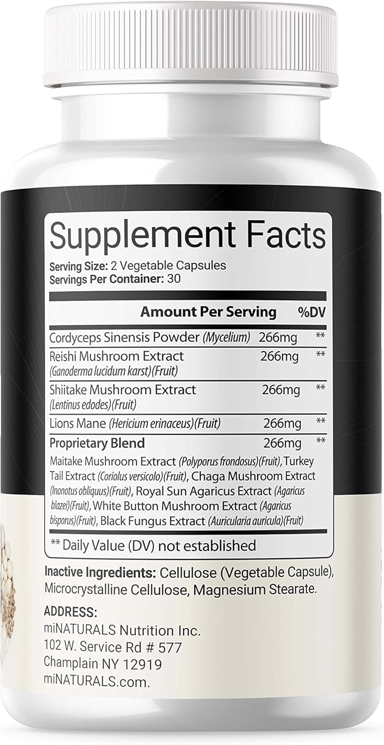 10-in-1 Mushroom Complex Capsule with Real Fruiting Body - Lion's Mane, Reishi, Cordyceps, Chaga, Turkey Tail, Maitake Supplement