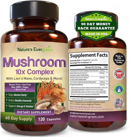 10-in-1 Mushroom Complex Supplement for Brain Health, Memory, Focus, Immunity & Energy | Lions Mane, Reishi, Cordyceps & More | Nootropic (120 Capsules)