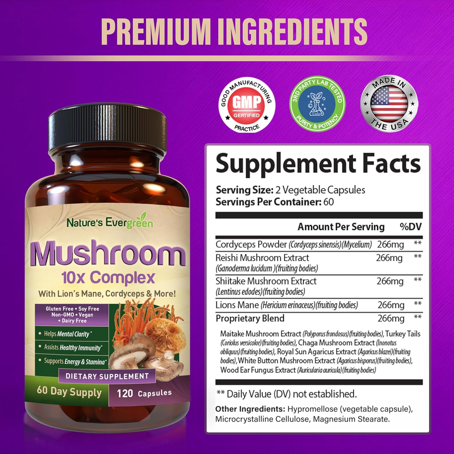 10-in-1 Mushroom Complex Supplement for Brain Health, Memory, Focus, Immunity & Energy | Lions Mane, Reishi, Cordyceps & More | Nootropic (120 Capsules)