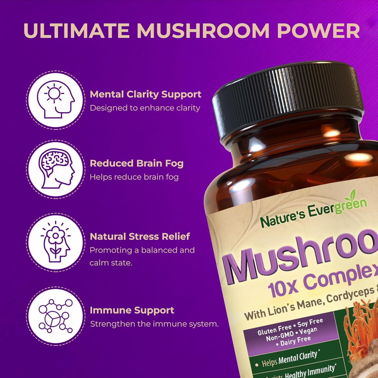 10-in-1 Mushroom Complex Supplement for Brain Health, Memory, Focus, Immunity & Energy | Lions Mane, Reishi, Cordyceps & More | Nootropic (120 Capsules)