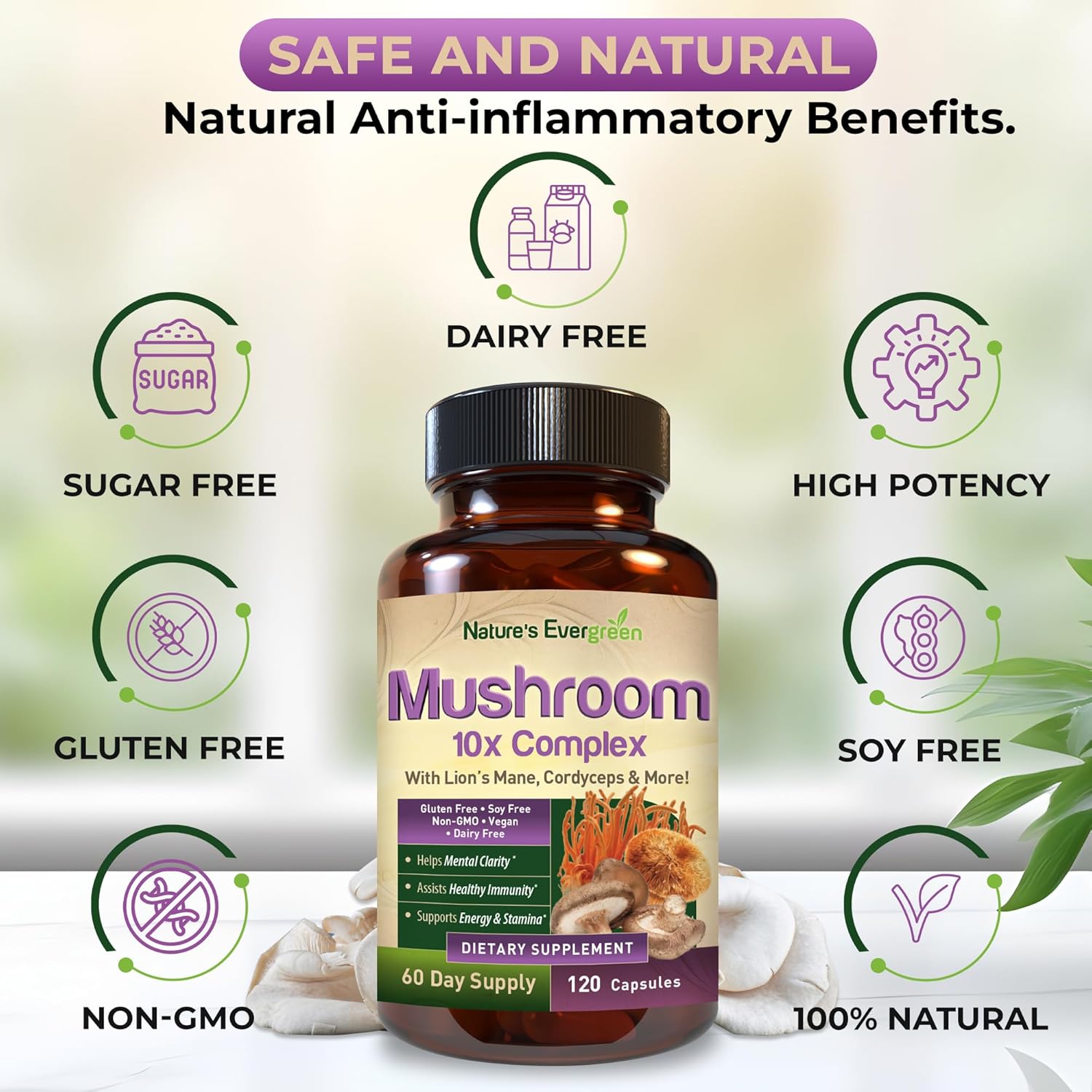 10-in-1 Mushroom Complex Supplement for Brain Health, Memory, Focus, Immunity & Energy | Lions Mane, Reishi, Cordyceps & More | Nootropic (120 Capsules)