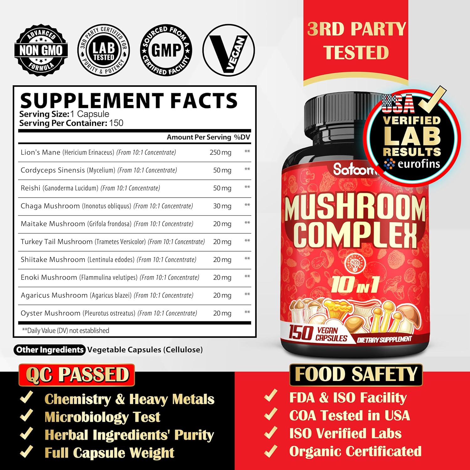 10-in-1 Mushroom Complex Supplements - 5-Month Supply - Brain Support - 150 Capsules - Lions Mane, Cordyceps, Reishi, Chaga, Maitake, Shitake & More