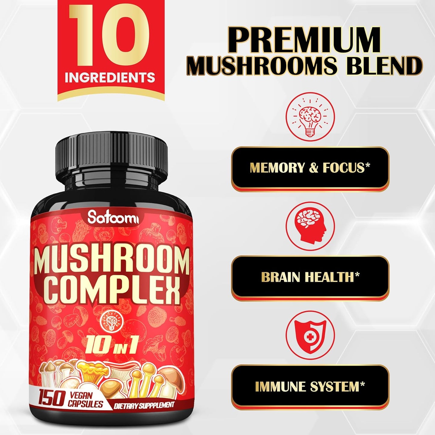 10-in-1 Mushroom Complex Supplements - 5-Month Supply - Brain Support - 150 Capsules - Lions Mane, Cordyceps, Reishi, Chaga, Maitake, Shitake & More