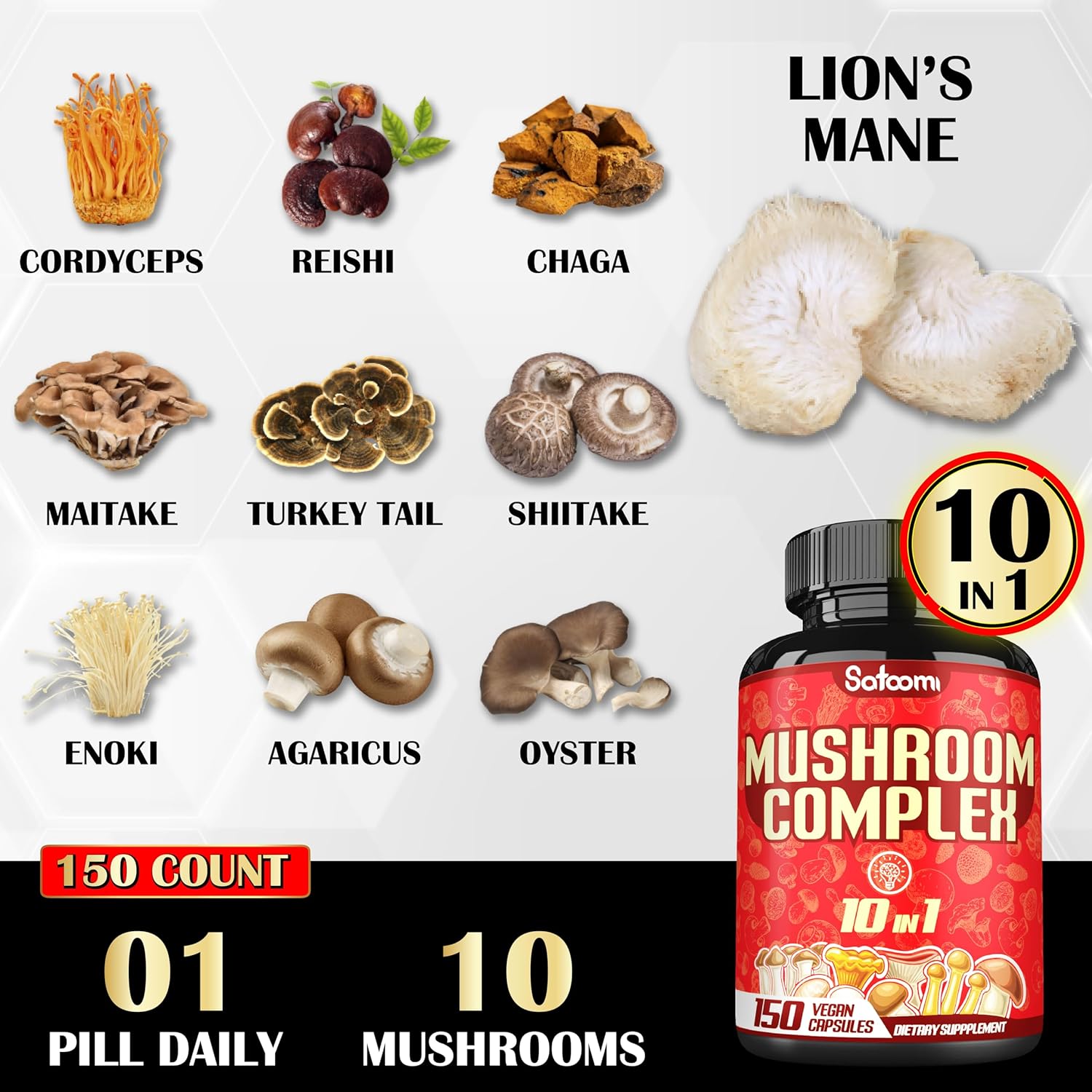 10-in-1 Mushroom Complex Supplements - 5-Month Supply - Brain Support - 150 Capsules - Lions Mane, Cordyceps, Reishi, Chaga, Maitake, Shitake & More
