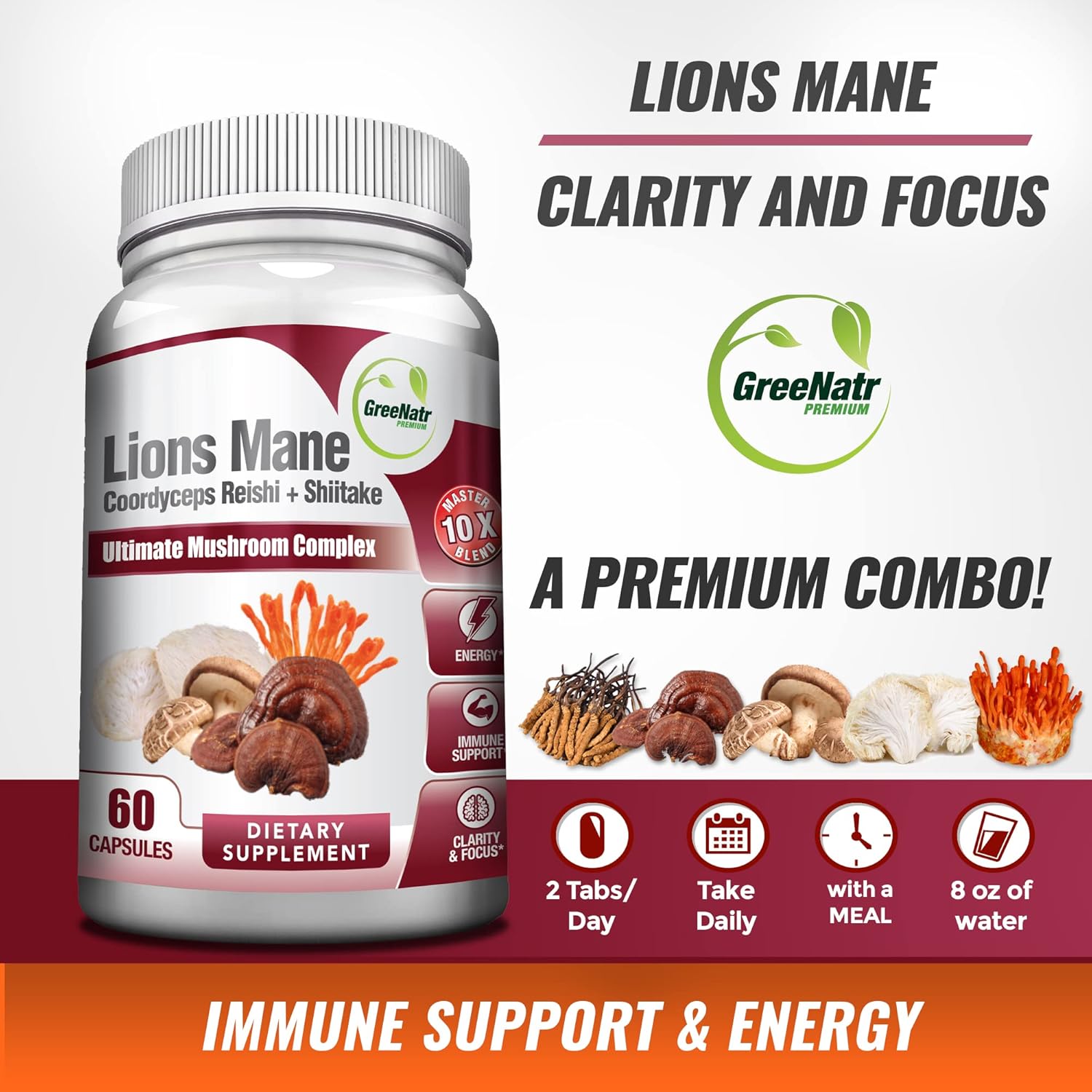 10-in-1 Mushroom Complex with Vitamin C, D3, Zinc, and Ginger - GreeNatr Powerful Supplement