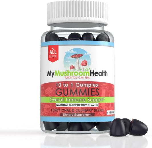 10-in-1 Mushroom Health Daily Supplement Gummies - Immune Support, Stress Relief, Energy, Focus, Mood - Berry Flavor - 60 Gummies