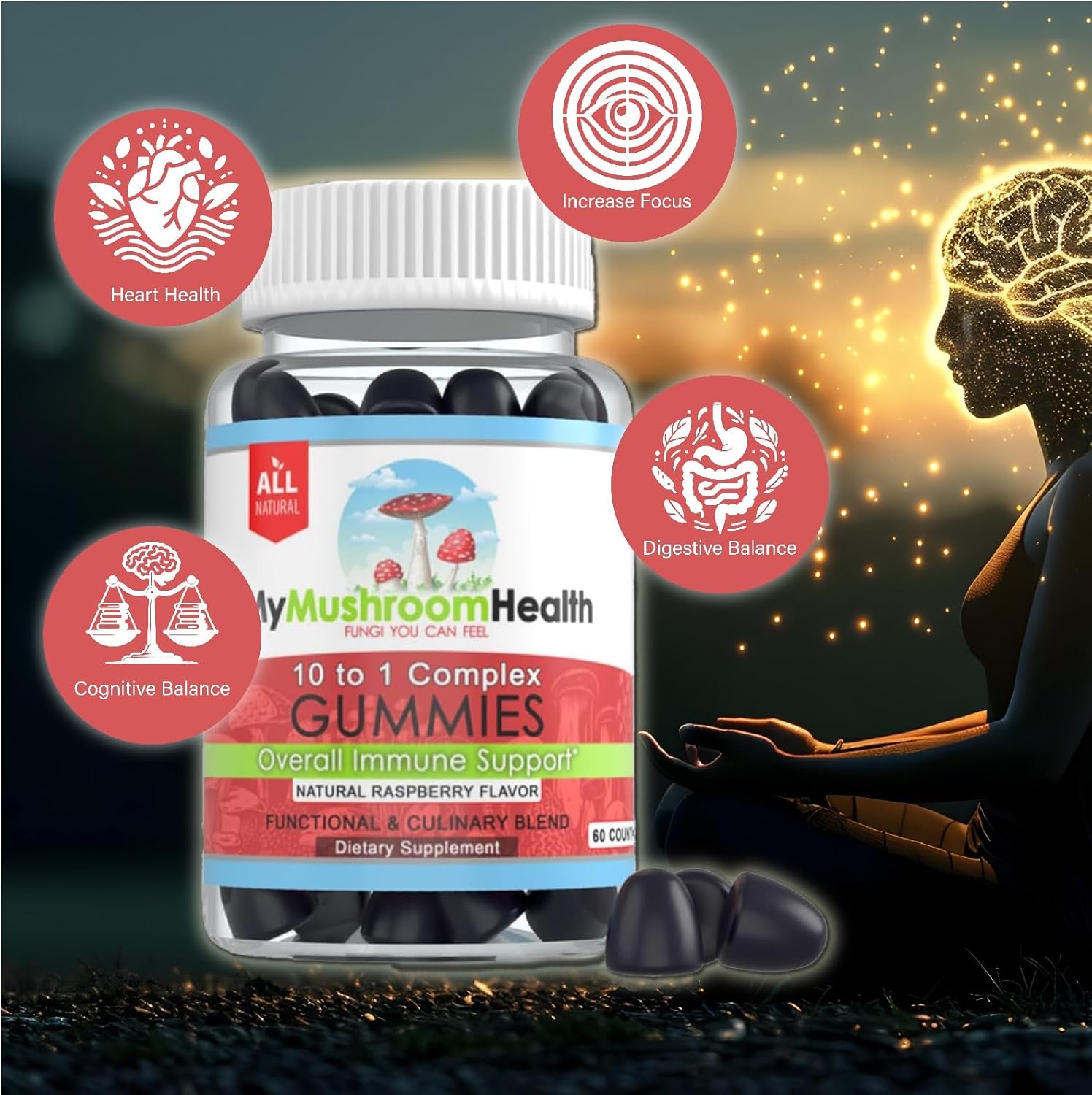 10-in-1 Mushroom Health Daily Supplement Gummies - Immune Support, Stress Relief, Energy, Focus, Mood - Berry Flavor - 60 Gummies