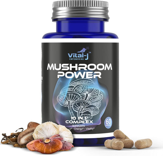10-in-1 Mushroom Power Complex with Cordyceps, Reishi, Shiitake & Lions Mane - Nootropic Dietary Supplement for Gut Health, Focus, Energy & Vitality - 60 Capsules