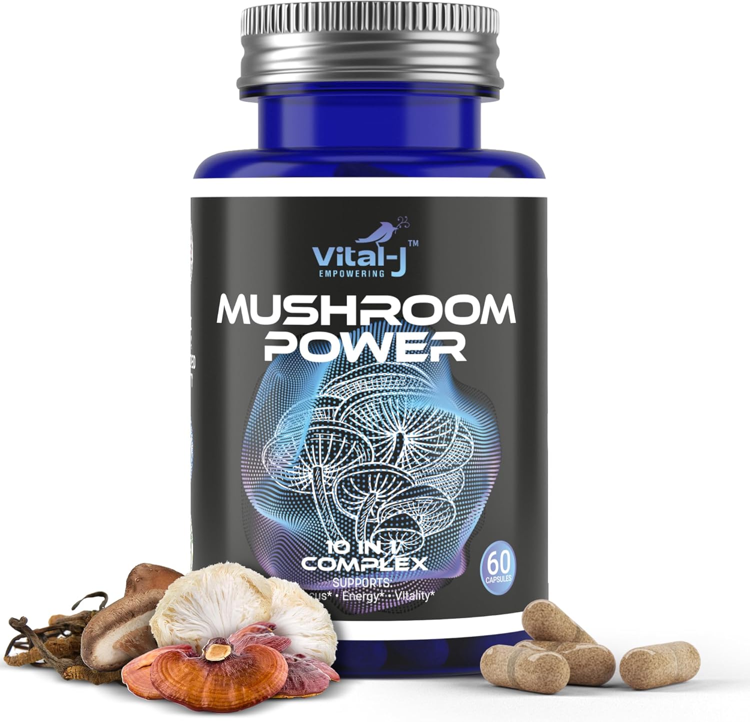 10-in-1 Mushroom Power Complex with Cordyceps, Reishi, Shiitake & Lions Mane - Nootropic Dietary Supplement for Gut Health, Focus, Energy & Vitality - 60 Capsules