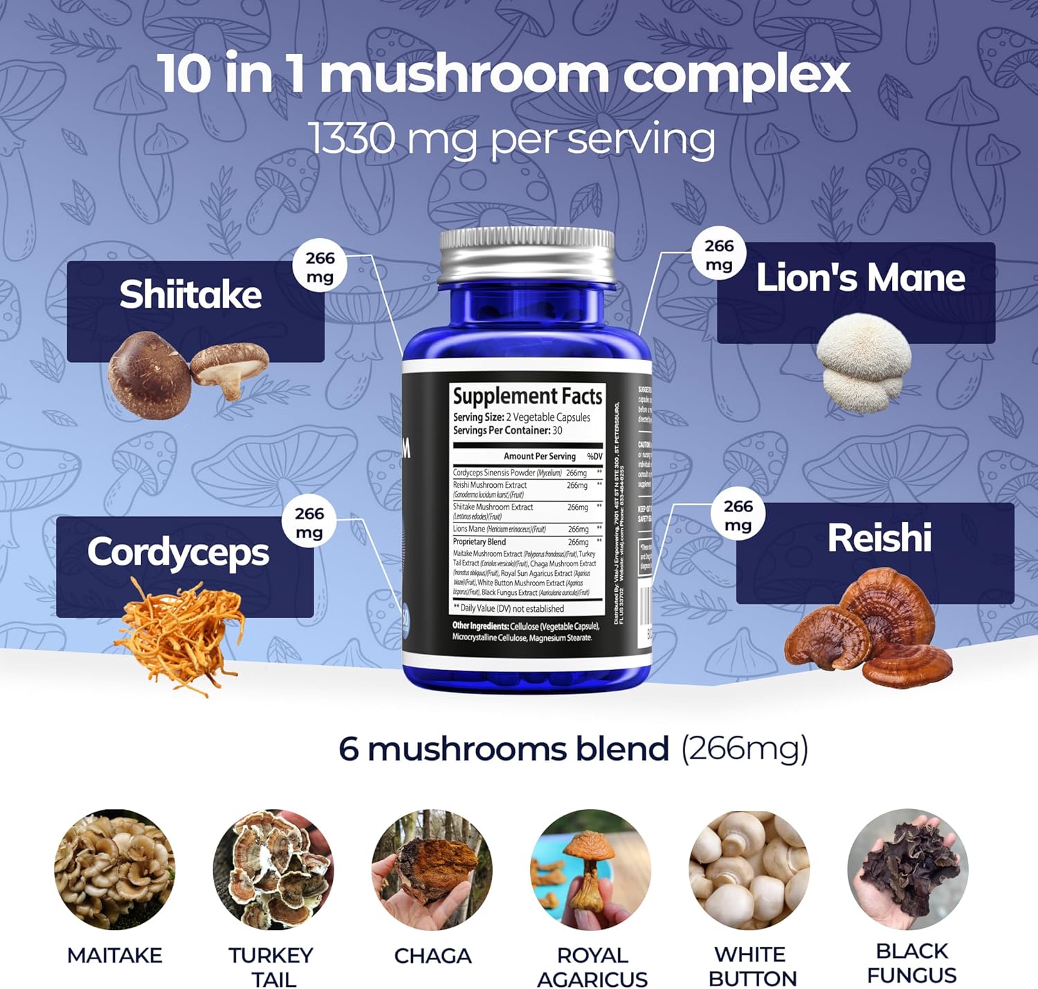 10-in-1 Mushroom Power Complex with Cordyceps, Reishi, Shiitake & Lions Mane - Nootropic Dietary Supplement for Gut Health, Focus, Energy & Vitality - 60 Capsules