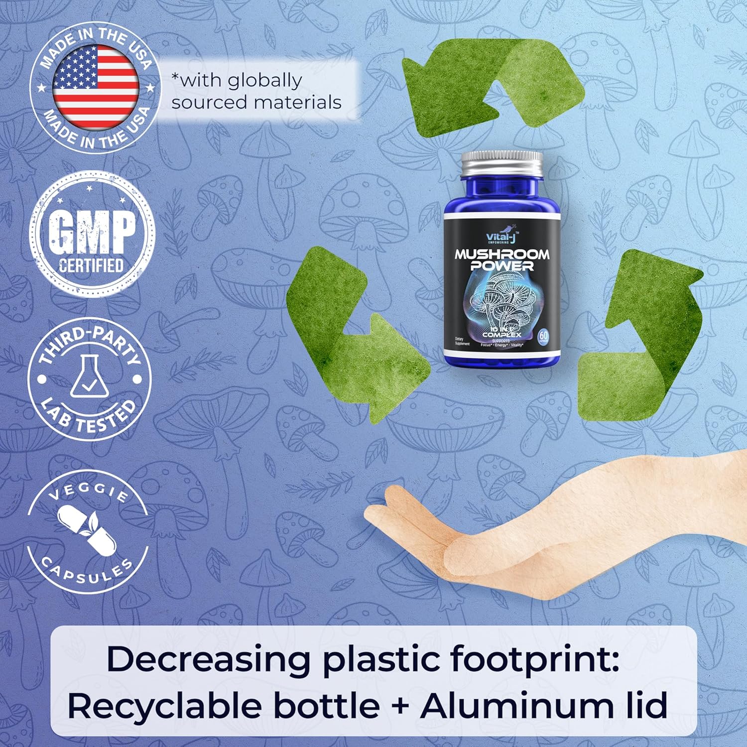 10-in-1 Mushroom Power Complex with Cordyceps, Reishi, Shiitake & Lions Mane - Nootropic Dietary Supplement for Gut Health, Focus, Energy & Vitality - 60 Capsules